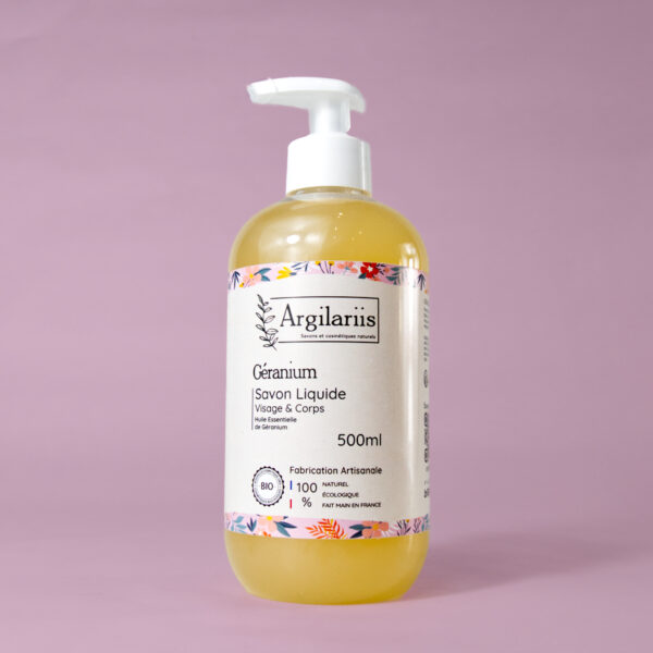 Savon liquide naturel au géranium, 500ml.