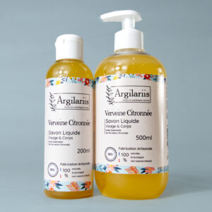 Deux bouteilles de savon liquide à la verveine citronnée
