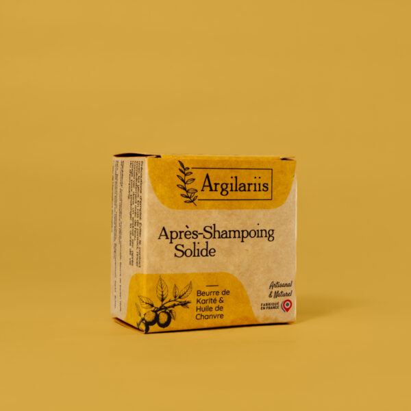 Étiquette d'après-shampooing solide, artisanal et naturel.